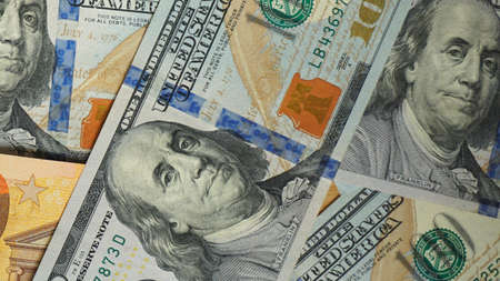 pile of dollar and euro banknote as background.の写真素材