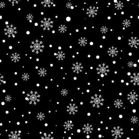 Snowflake seamless pattern. Snow on black background. Abstract wallpaper, wrapping decoration. Merry Christmas holiday, Happy New Year celebrationの写真素材