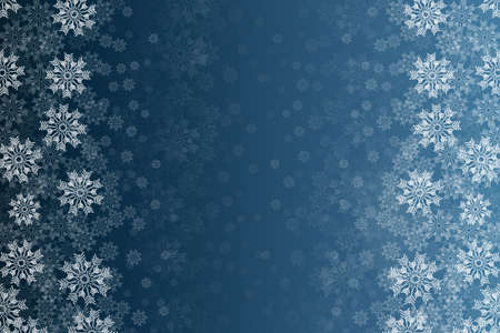 Winter pattern made of white snowflakes on blue gradient background. Winter concept. Flat lay.の写真素材
