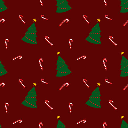 Seamless pattern with green christmas trees and candy cane on red background. Abstract wallpaper, wrapping decoration. Merry Christmas holiday, Happy New Year.の写真素材