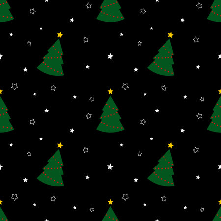 Seamless pattern with green christmas trees and stars on black background. Abstract wallpaper, wrapping decoration. Merry Christmas holiday, Happy New Year.の写真素材