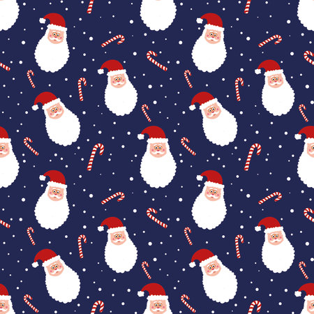 Seamless pattern with Santa Claus and candy cane on blue background. Christmas background. Cartoon Santa head snowy design. Cute wrapping paper. Funny childish New year fabric template, wallpaper.の写真素材