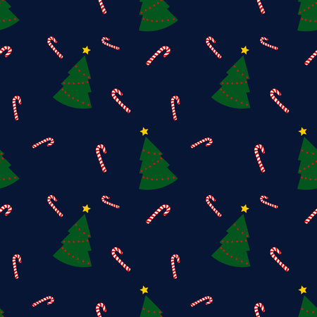 Seamless pattern with green christmas trees and candy cane on blue background. Abstract wallpaper, wrapping decoration. Merry Christmas holiday, Happy New Year.の写真素材