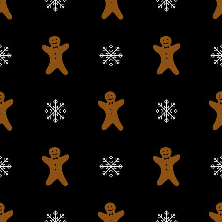 Gingerbread brown man cookie and snowflakes seamless pattern for christmas design on black background. Abstract wallpaper, wrapping decoration. Merry Christmas holiday, Happy New Yearの写真素材