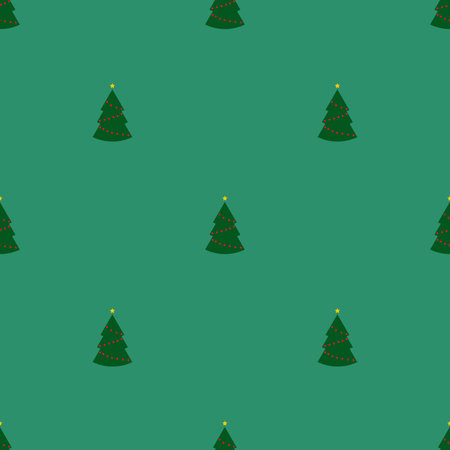 Seamless pattern with green christmas trees with lights on green background. Abstract wallpaper, wrapping decoration. Merry Christmas holiday, Happy New Year.の写真素材