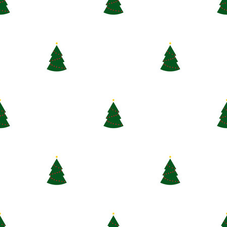 Seamless pattern with green christmas trees with lights on white background. Abstract wallpaper, wrapping decoration. Merry Christmas holiday, Happy New Year.の写真素材