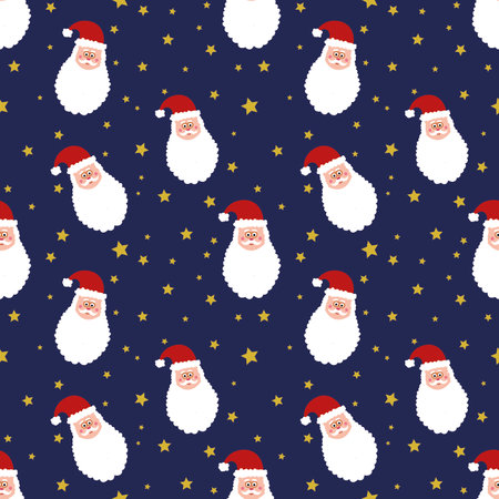 Seamless pattern with Santa Claus and stars on blue background. Christmas background. Cartoon Santa head snowy design. Cute wrapping paper. Funny childish New year fabric template, wallpaper.の写真素材