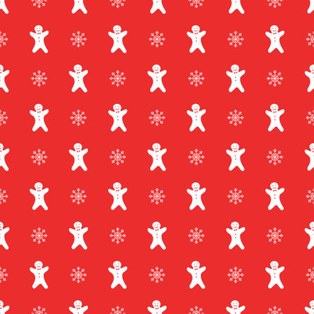 Gingerbread white man cookie and snowflakes seamless pattern for christmas design on red background. Abstract wallpaper, wrapping decoration. Merry Christmas holiday, Happy New Yearの写真素材