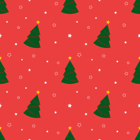 Seamless pattern with green christmas trees and stars on red background. Abstract wallpaper, wrapping decoration. Merry Christmas holiday, Happy New Year.の写真素材
