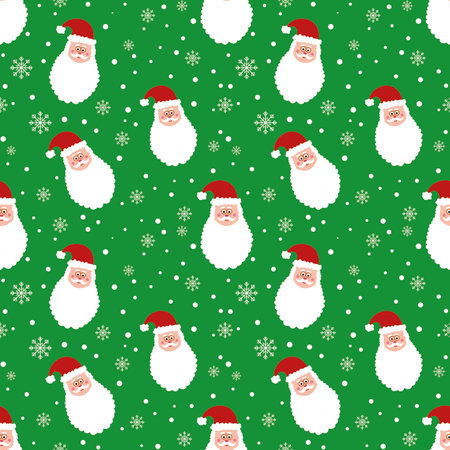 Seamless pattern with Santa Claus andsnowflakes on green background. Christmas background. Cartoon Santa head snowy design. Cute wrapping paper. Funny childish New year fabric template, wallpaper.の写真素材