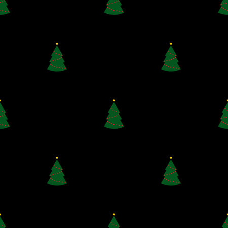 Seamless pattern with green christmas trees on black background. Abstract wallpaper, wrapping decoration. Merry Christmas holiday, Happy New Year.の写真素材