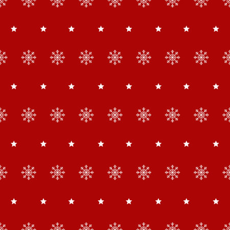 Snowflake and star seamless pattern. Snow on red background. Abstract wallpaper, wrapping decoration. Merry Christmas holiday, Happy New Year.の写真素材