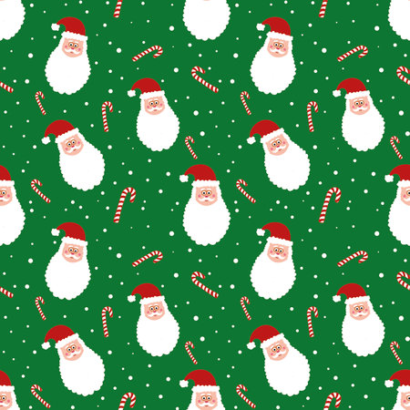 Seamless pattern with Santa Claus and candy cane on green background. Christmas background. Cartoon Santa head snowy design. Cute wrapping paper. Funny childish New year fabric template, wallpaper.の写真素材
