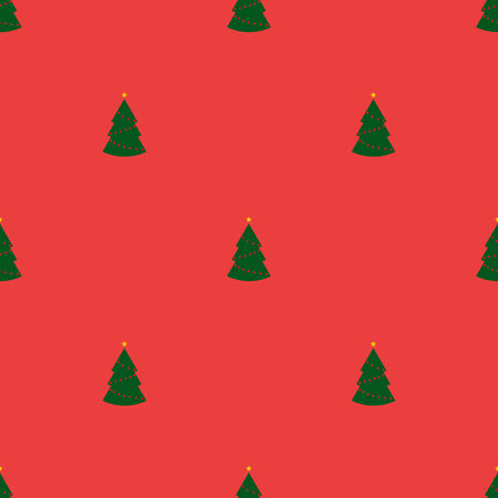 Seamless pattern with green christmas trees with lights on red background. Abstract wallpaper, wrapping decoration. Merry Christmas holiday, Happy New Year.の写真素材