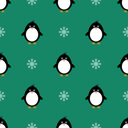Seamless pattern with penguin and snowflakes on greenの写真素材