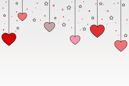 valentine's illustration, on white gradient background with hanging pink hearts, stars and dots.Wedding desing.の写真素材