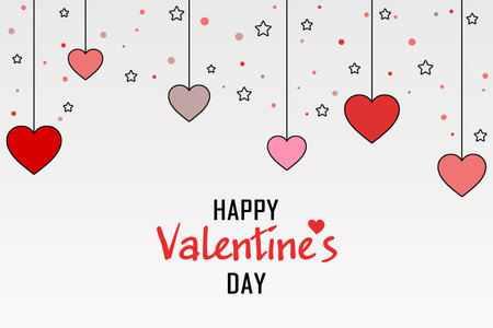 valentine's illustration, on white gradient background with hanging pink hearts, stars and dots. with Happy Valentine's day text.の写真素材