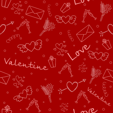 Cute valentine's seamless pattern with hearts on red background.の写真素材