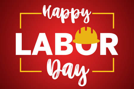 Happy Labor Day 1st may lettering with helmet on red background. Labor Day card. International Workers day illustration for greeting card. USA.の写真素材