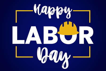 Happy Labor Day 1st may lettering with helmet on blue background. Labor Day card. International Workers day illustration for greeting card. USA.の写真素材