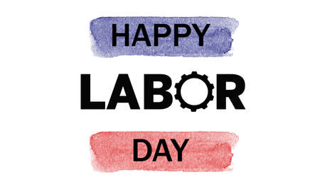 Happy Labor Day holiday, celebration, card, poster, words, text written on red and blue painted watercolor background illustration.の写真素材