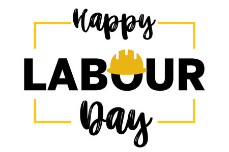 Happy Labor Day 1st may lettering with helmet on white background. Labor Day card. International Workers day illustration for greeting card.の写真素材