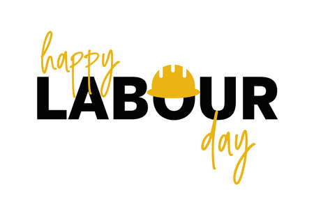 Happy Labor Day, lettering 1st may with yellow helmet. Labor Day banner background. International Workers day illustration for greeting card.の写真素材
