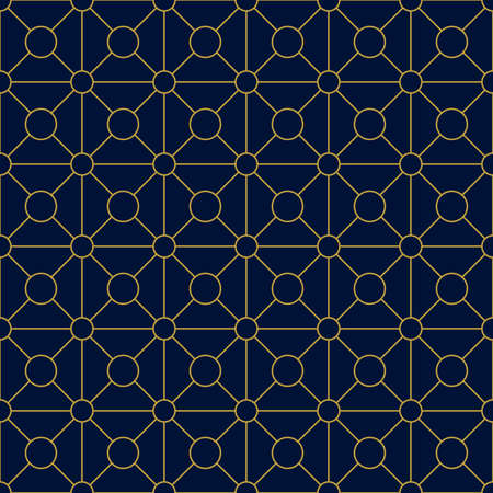 Geometric golden ornament grid on blue background. Seamless fine abstract pattern, wrapping paper, for web design, desktop wallpaper, winter blog, website or invitation cardの写真素材