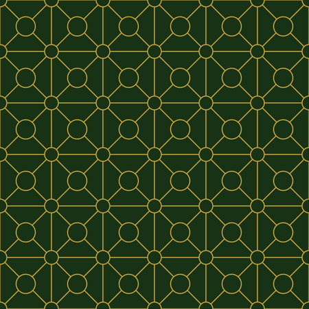 Geometric golden ornament grid on green background. Seamless fine abstract pattern, wrapping paper, for web design, desktop wallpaper, winter blog, website or invitation cardの写真素材
