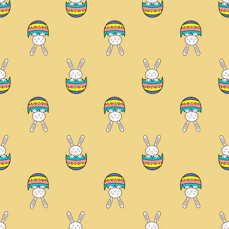 Happy Easter seamless pattern with rabbit in egg shell on orange background illustration. Cute cartoon characterの写真素材