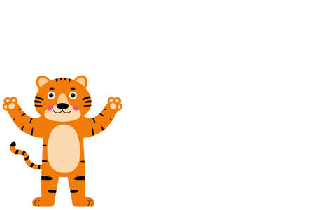 Cute cartoon striped red tiger on white background. Tiger smiles and waves. New Year 2022の写真素材