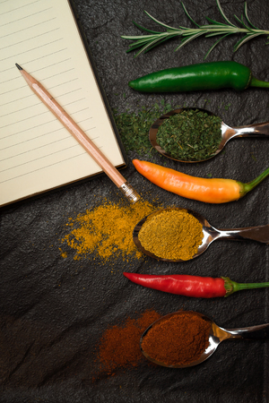 Top view on a page of notebook for recipe pencil oriental spices in spoons and peppers rosemary on the black metallic tray in Asian styleの写真素材