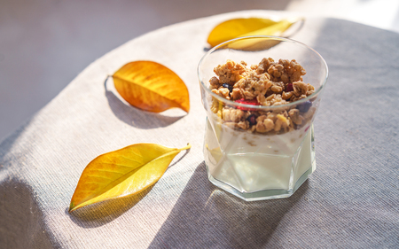 Ideas for healthy autumn breakfast. Greek yoghurt with granola, dried berries in glass and yellow leaves. Gray background with rustic style cloth. Top view copy space lifestyle bloggingの写真素材