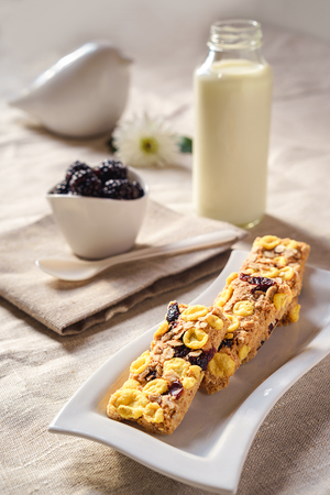 Delicious dietary low-calorie cookies with berries, bottle of milk and blackberries on natural color tablecloth and home decoration on light gray background. Healthcare lifestyle concept.の写真素材