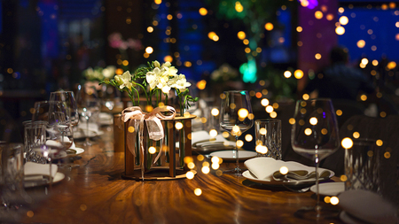 Blurred  of restaurant, bar or night club with colorful lights bokeh.の写真素材