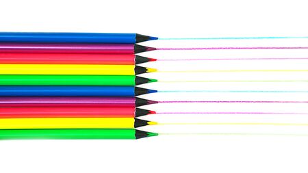 Creative layout of school supplies neon colors pencils pattern drawn color lines on white background, isolated. Minimal back to school concept. Flat lay. Bright pink, yellow, red, blue, green, purple color.の写真素材