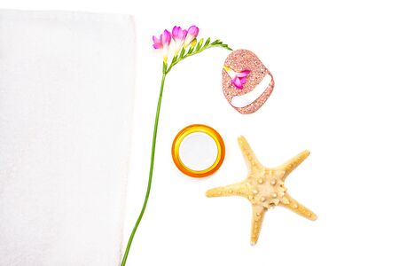 Beauty skin care cosmetic cream serum, gel or mask as cosmetics product with tropical leaves and flowers on whiteの写真素材