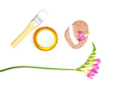Beauty skin care cosmetic cream serum, gel or mask as cosmetics product with tropical leaves and flowers on whiteの写真素材
