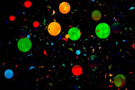 Abstract background with spheres. Multicolored bubbles on dark background with bokeh defocused lights and shadow. Illustration of balls textured as pattern. Modern trendy design confetti for holiday.の写真素材
