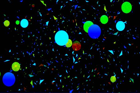 Abstract background with spheres. Multicolored bubbles on dark background with bokeh defocused lights and shadow. Illustration of balls textured as pattern. Modern trendy design confetti for holiday.の写真素材