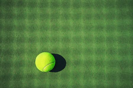 Tennis ball on the green court with net shadows. Concept of sport, healthy lifestyle. Top view, flat lay, copy space.の写真素材