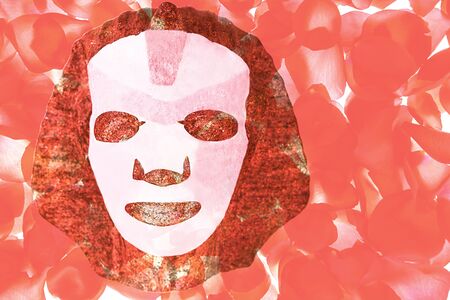 Skin care flat lay with facial sheet mask and pink red rose petals on white background, top view. Beauty spa and wellness concept.の写真素材