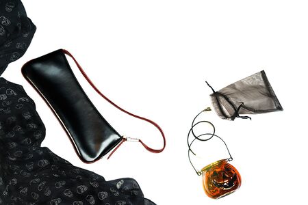 Halloween party female outfit layout of accessories black on whiteの写真素材