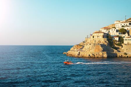 Beautiful view on island Hydra, Greece on sunset time. The best travel destination in Europe. Selec tive focus.の写真素材
