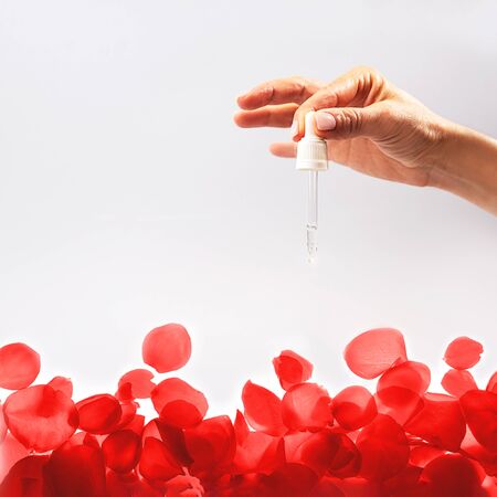 Hand of woman with pipette with drop of serum or hyaluronic acid or collagen moisturizer and red rose petals on gray background. Beauty cosmetic consept for hydrating face masks, skin care solutions.の写真素材