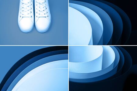 Collage with outfit and Classic Blue color of the year 2020. Trend color layout. Holiday and party...