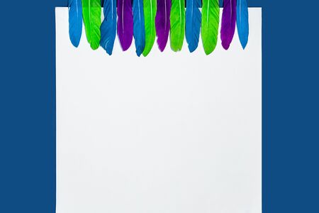 Colorful pattern made of feathers white sheet of paper on classic blue color background. MInimal boho style color concept. Flat lay, top view, copy space. Classic Blue color 2020 concept.の写真素材