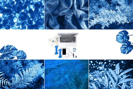 Fashion collage made with photos inspired by classic blue color of the year 2020. Lifestyle in different classic blue colors.の写真素材