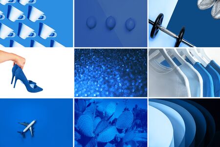Collage with Classic Blue color of the year 2020. Trend color layout. Holiday and party lifestyle concept.の写真素材