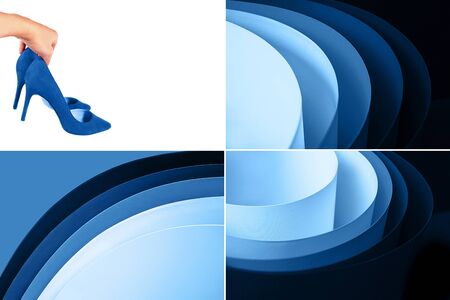 Collage with outfit and Classic Blue color of the year 2020. Trend color layout. Holiday and party lifestyle concept.の写真素材